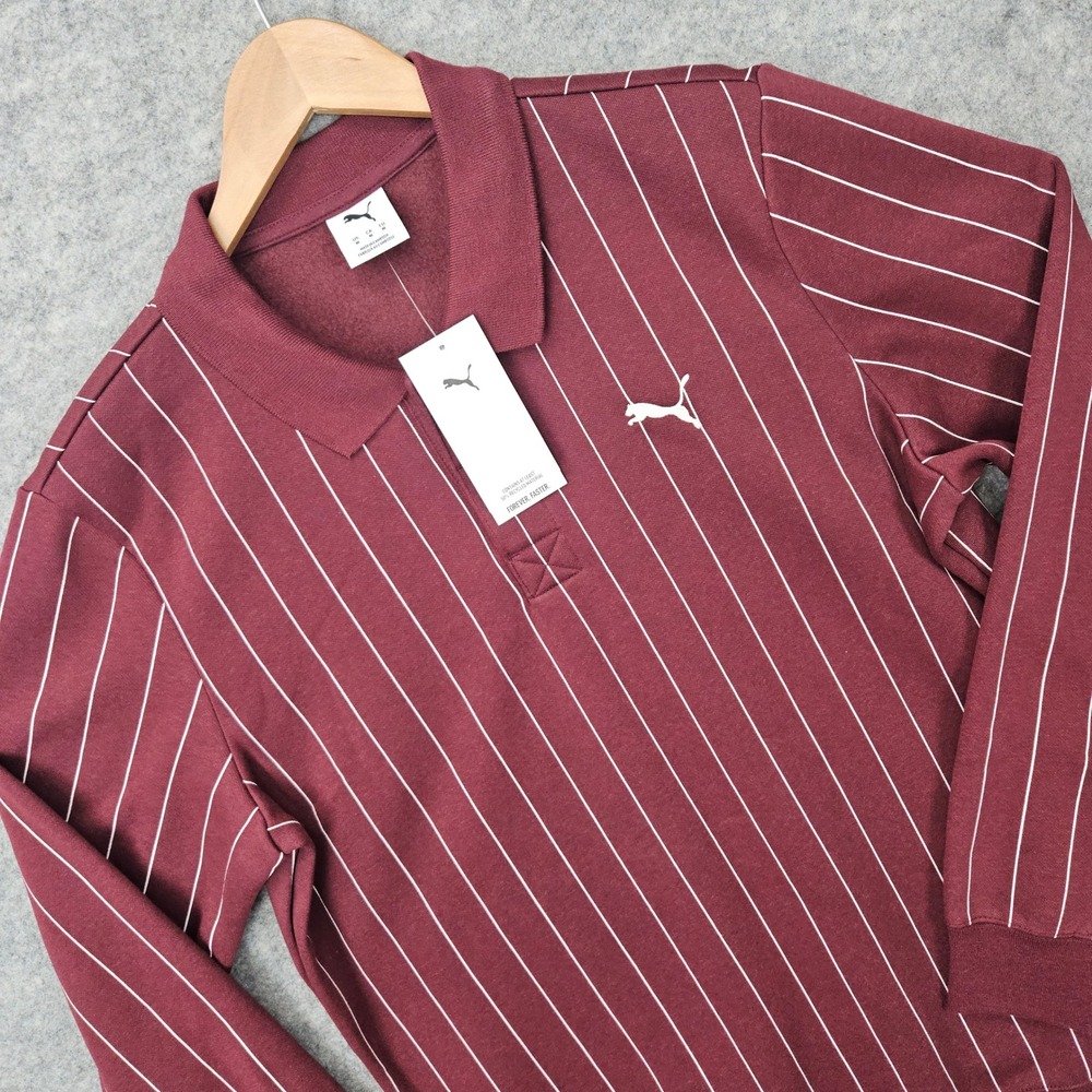 NEW Puma Class Polo Men Ruby Shimmer Medium Pinstripe Long Sleeve Shirt Burgundy